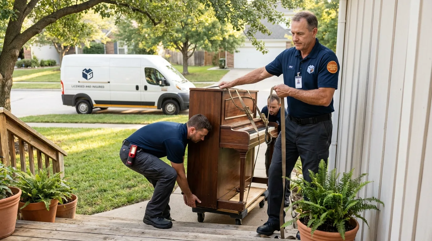 Licensed piano movers securing grand piano in Antrim, NH
