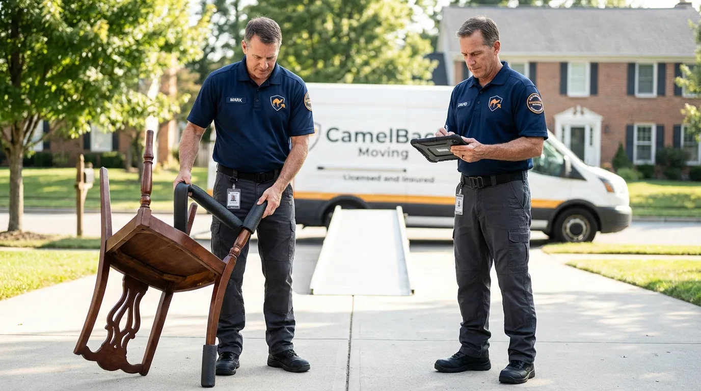 Movers inspecting furniture for damage prevention before loading in Antrim, NH