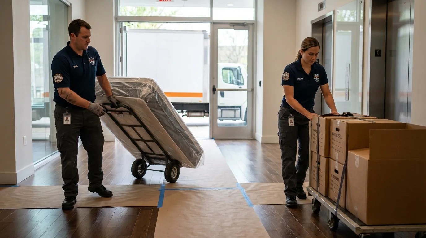 Professional apartment movers loading elevator in Antrim, NH