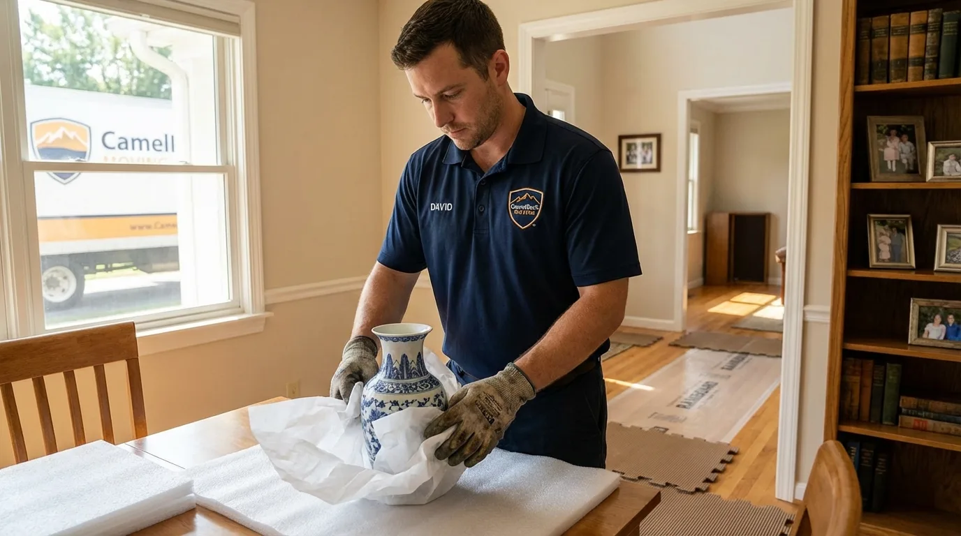 Professional crew carefully wrapping antique vase for senior downsizing move in Antrim, NH
